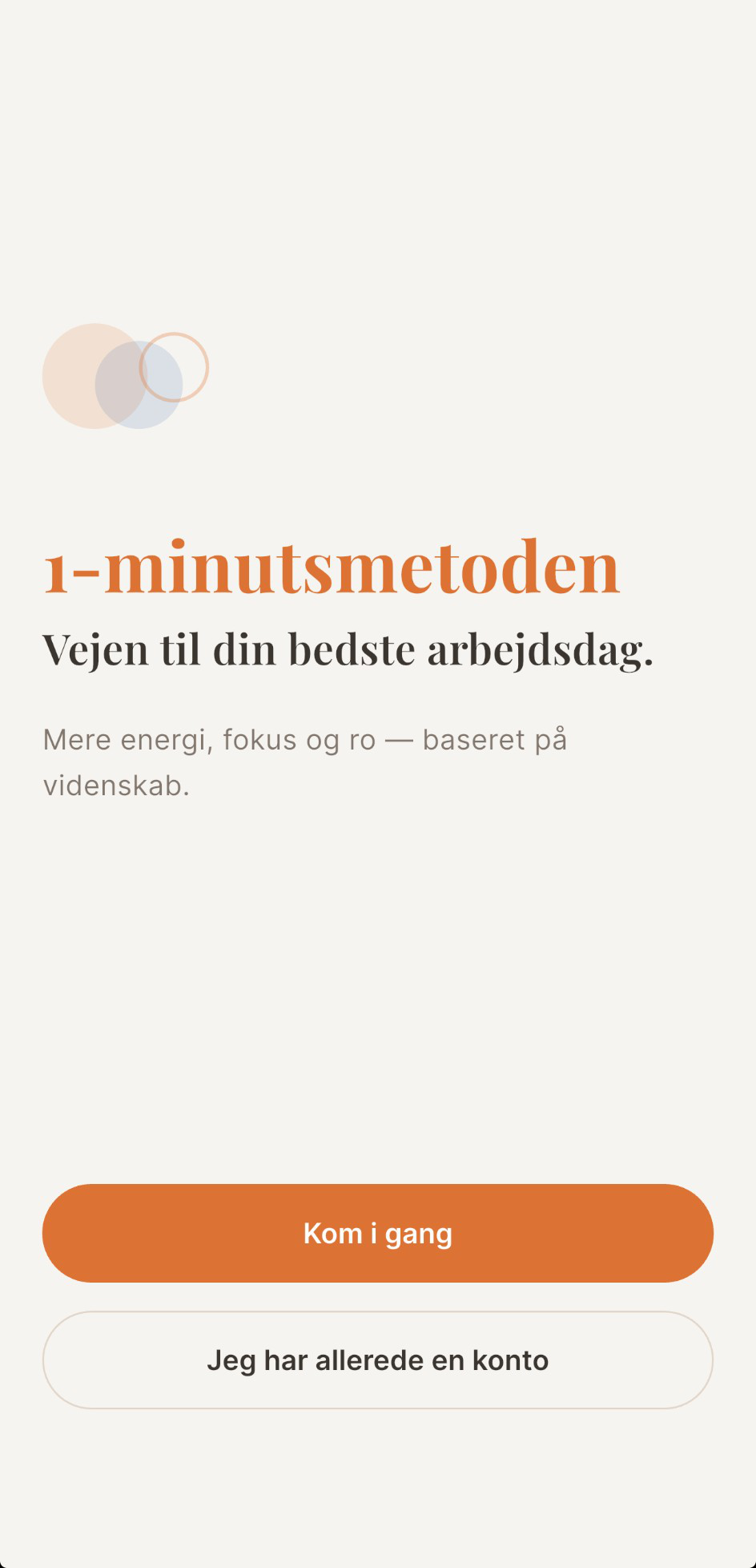 1-minutsmetoden app — Velkomstskærm